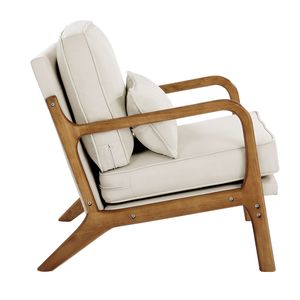 Poltrona in Legno Massello Stile Mid-Century Moderno con Gambe Antiscivolo - Sedia Imbottita in Tessuto di Lino - Product Image 4
