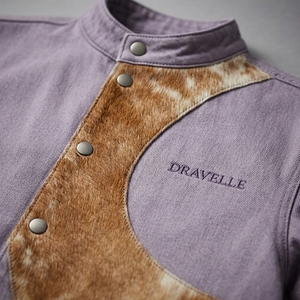 Veste pour homme en denim délavé violet avec patchwork en cuir de vache véritable, col montant, fermeture à boutons-pression, personnalisable - Product Image 6