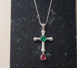 Collier pendentif croix plaqué argent avec rubis ovale vert et saphir en forme de goutte, chaîne torsadée pour femme, bijoux de soirée - Product Image 3