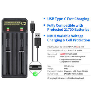 Cargador de Batería Estándar de Doble Ranura con Carga Inteligente USB-C Portátil ZEROBEAM, Iluminación LED para Celdas 21700/18650/26650 de 4.2V - Product Image 3