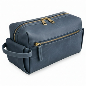 Minimalist Leather Toiletry Bag Rectangle Shape <b>Portable</b> Brass Zipper Bathroom Storage Bag for Toiletries 1-3L Capacity - Product Image 6