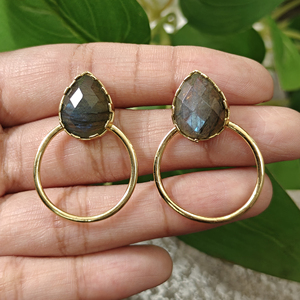 Natural Labradorite Sodailte Gemstone <b>Drop</b> Stud Earrings Brass 18k Gold Plated Bohemia Style Women's Fashion Jewelry Earrings - Product Image 2