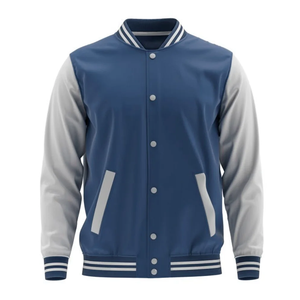 Chaqueta Varsity Azul Gris para Hombre, Estilo Preppy, Cuello Camisero, Corte Regular, Material de Poliéster, Ropa de Otoño - Product Image 1