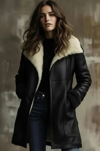 Manteau en cuir d'agneau véritable pour femmes, veste d'aviateur chaude pour l'hiver - Product Image 4