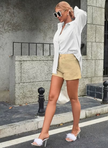 White Cropped Blouse With Beige High Waist Shorts <b>Set</b> Casual Summer Outfit Womens Fashion - Product Image 6