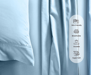 Indian supplier of soft comfortable 400 thread count <b>queen</b> <b>size</b> 4 piece bedsheet set in light blue fabric. Premium quality. - Product Image 1