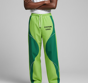 Pantalon de survêtement droit vert pour homme, en laine, à blocs de couleur, taille élastique avec cordon de serrage, décontracté, respirant, poids moyen, lin/coton, personnalisé - Product Image 1