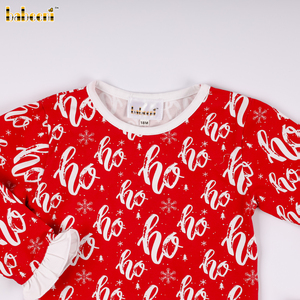 Ensemble de Noël avec motif « Ho Ho Ho » et bordure à volants, pyjamas pour bébés filles 100 % coton, certifié OEKO-TEX - BB3580 - Product Image 2