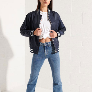Veste universitaire marine pour femme, manches longues, fermeture éclair, bordure contrastante, coupe classique, couleur unie, matière polyester, pour l'automne - Product Image 3