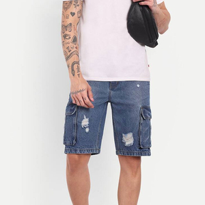 Shorts cargo en jean bleu déchiré et délavé pour homme, taille mi-haute élastique, style décontracté Bermuda, 100 % coton, tissu respirant tissé - Product Image 1