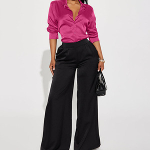 Blusa Elegante de Verano para Mujer, Satén, Manga Larga, Cuello Camisero, Color Sólido, Corte Holgado, Color Fucsia - Product Image 4