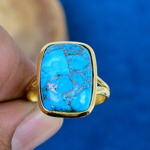 Handmade Blue Copper <b>Turquoise</b> Cushion Gemstone <b>Ring</b> 18k Gold Micron Over 925 Sterling Silver <b>Ring</b> - Product Image 2