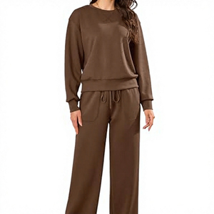 Conjunto Deportivo Ligero para Mujer, Color Marrón, Poliéster Ecológico, Estilo Vintage, Sudadera con Capucha, Manga Larga, Corte Regular, Pantalones Casuales con Cordón - Product Image 1