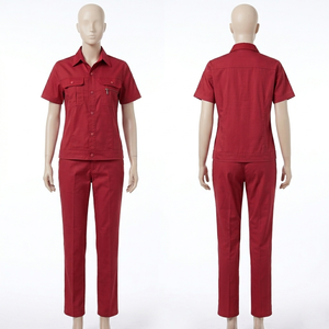 Uniforme de travail rouge pour femmes, tissu durable en polycoton 245 GSM, manches courtes, broderie personnalisée, logo imprimé, ensemble d'uniformes - Product Image 1