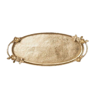 Hand-Hammered <b>Gold</b> Aluminum <b>Serving</b> <b>Tray</b> With Floral Handles Decorative Oval Metal Platter For Wedding Gifts Home Decoration - Product Image 1