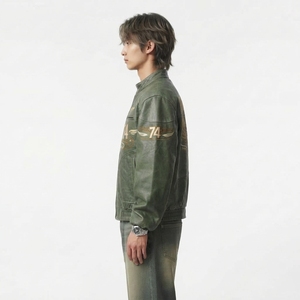 <b>Mens</b> Olive Green Distressed Leather Bomber <b>Jacket</b> Road 74 Embroidered Wing Patch Flight Outerwear Darkry Custom Factory Coat - Product Image 4