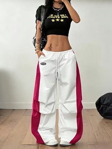 Women's <b>Summer</b> Flat Front Oversized Wide-Leg <b>Pants</b>-White & Pink Color Block Trousers with Drawstring Waist 100% Cotton - Product Image 6