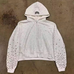 Sudadera con capucha unisex extragrande blanca con cremallera y pedrería, totalmente adornada con cristales, estilo urbano, para invierno, ODM, camisetas extragrandes - Product Image 2