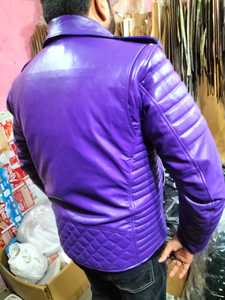 Men's <b>Purple</b> Leather Moto Jacket with Zipper Closure Canvas Stand Collar <b>Cow</b> Skin Slim Fit Biker Style Winter Wear Front Logo - Product Image 6