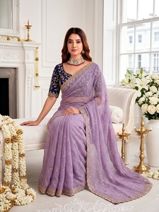 AARA Fashion Purple Silk Saree with <b>Gold</b> Embroidery Navy Blue <b>Blouse</b> for Women's Traditional Indian Wedding Wear Sun Protection - Product Image 2