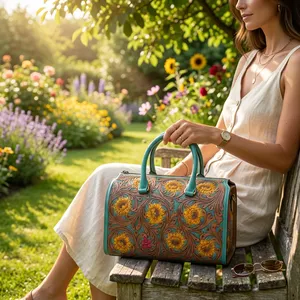 Genuine Leather Shoulder Bag Floral Women <b>Handbag</b> Zipper Purse Portable Daily Aesthetic Travel Bag - Product Image 2