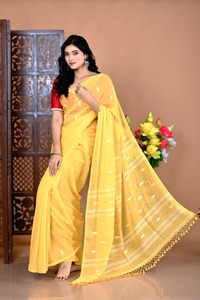 Sari en coton jaune avec chemisier rouge, tenue traditionnelle indienne pour femme, décontracté, longueur au sol, toutes saisons, séchage rapide, extensible, sans plis - Product Image 4