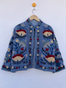 Velvet Suzani Bomber <b>Jacket</b> <b>Reversible</b> Hand Embroidered Boho Vintage Short Coat Free Size Ethnic Wear Floral Pattern Women 100% - Product Image 2