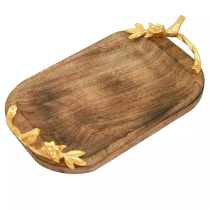 Bandeja de servir ovalada de madera de mango de lujo con asas de hoja de metal dorado hechas a mano, bandeja decorativa para cocina, hotel y restaurante - Product Image 4