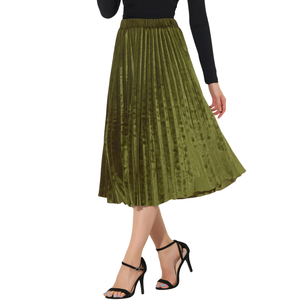 Jupe mi-longue plissée en velours décontractée unie pour femmes, taille haute élastique, soirée, club, mode, vente en gros - Product Image 2