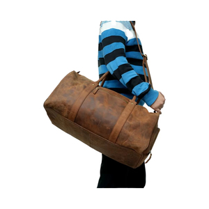 Genuine Leather Duffel Bag 30-40L <b>Adjustable</b> <b>Strap</b> Zipper Closure Unisex Travel Casual Solid Brown - Product Image 3