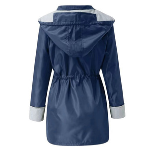 Women Hooded <b>Rain</b> <b>Jacket</b> Drawstring Waist Striped Lined Waterproof Mid Length Outdoor Ladies Coat Navy Red Olive Raincoat - Product Image 5