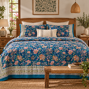 Ensemble de literie King Size de luxe de haute qualité 220 TC fait à la main drap de lit floral complexe imprimé en bloc en bleu foncé 108 "X108" - Product Image 6
