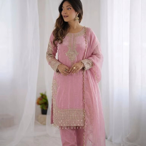 Traje Palazzo Cosido con Bordado Indio, Conjunto Tradicional Étnico Moderno de 3 Piezas, Seda de Cristal Romano, para Diwali, Bodas y Fiestas - Product Image 1