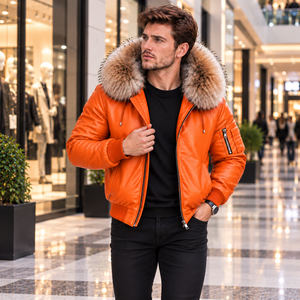 <b>Men's</b> Leather <b>Bomber</b> <b>Jacket</b> with Fur Hood | Giacca <b>Bomber</b> Uomo | Chaqueta Hombre | Blouson Homme | Herren Luxus Lederjacke - Product Image 6