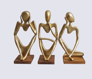 Ensemble de 3 sculptures abstraites de style Penseur, finition dorée, base en bois, décoration pour la maison, décoration nordique pour le salon, cadeau spécial - Product Image 1