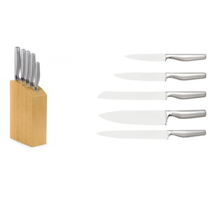 Ensemble de 5 couteaux de cuisine en acier inoxydable avec lames tranchantes, manches métalliques confortables, bloc de rangement en bois - Product Image 1