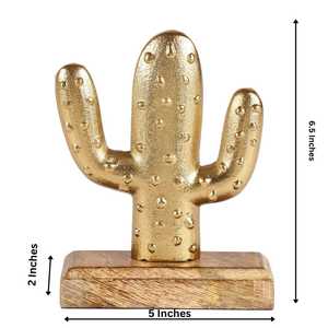 Golden Cactus Sculpture On Wooden Base Bohemian Tabletop <b>Decor</b> Handmade Figure Plant Theme Living Room Ornament 1PC - Product Image 3