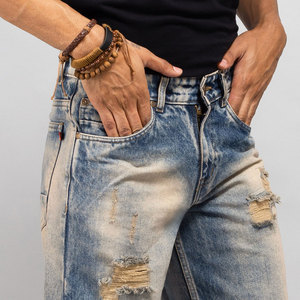 Jean en denim délavé et déchiré pour homme, taille haute, coupe ample, jambe droite, style décontracté, en coton bleu, idéal pour le printemps - Product Image 5