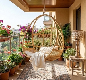Silla Colgante de Bambú y Ratán Ecowoodies, Diseño Rústico, Personalizable, para Jardín, con Movimiento Oscilante, Tipo Huevo - Product Image 2