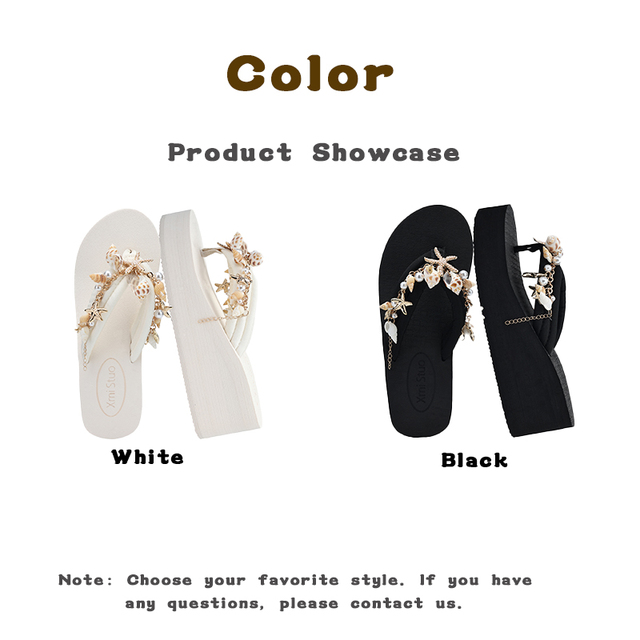 Women's Seashell Starfish Platform Flip Flops Pearl Charm Thick Sole EVA Non Slip Summer Beach Sandals