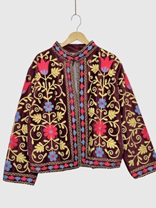 Floral Embroidered <b>Velvet</b> Blouson Mandarin Collar Full Sleeve Plus Size Women's Prairie Chic Autumn Style - Product Image 2