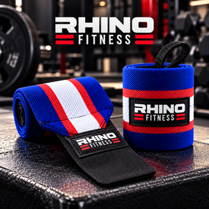 สายรัดข้อมือผ้าฝ้าย RHINO FITNESS แบบตีนตุ๊กแก สำหรับยกน้ำหนัก สีน้ำเงิน แดง ขาว - Product Image 1