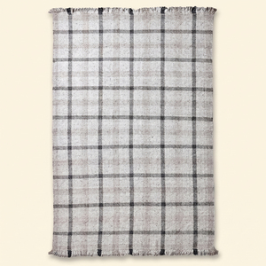 Tapis en laine tufté à la main noir et blanc à motif quadrillé monochrome, écologique, antidérapant, avec franges, pour salon - Product Image 1