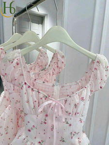 Sweet Natural Woven Floral Puff Dress Smocked Bodice <b>Lace</b> Trim Set Mini Length <b>Sleeves</b> Square Neck Lightweight Breathable A-Line - Product Image 4