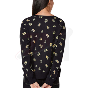 Sweat-shirt tricoté à imprimé floral pour femme, col rond, manches longues, pull décontracté, respirant, en coton et fibre de bambou, pour l'automne - Product Image 5
