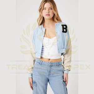 <b>Cropped</b> Fleece Canvas Baseball Varsity <b>Jacket</b> Stand Collar High Street Style Winter 100% Cotton Letter for Women Custom Logo - Product Image 1