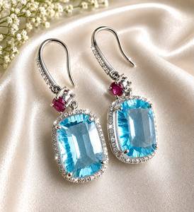 Boucles d'oreilles pendantes TASBIYA GEMS en argent sterling 925 plaqué rhodium avec topaze bleue naturelle, rubis et diamant naturel taille unique - Design tendance - Product Image 4