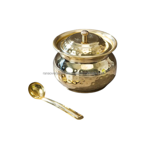 Récipient en laiton métallique à texture martelée avec couvercle et cuillère de rangement pour ghee et huile Plusieurs tailles et styles au choix - Product Image 4