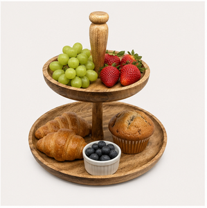 Soporte para Pastel de 2 Niveles Hecho a Mano con Madera de Acacia Natural, Bandeja Redonda de Madera Ecológica para Servir Cupcakes, Frutas y Postres - Product Image 5
