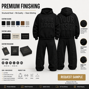 Custom Unisex <b>Black</b> Tracksuit Set 3D Embroidered Logo Streetwear Hooded Sweatshirt & <b>Pants</b> Full Length Loose Fit Adult - Product Image 5